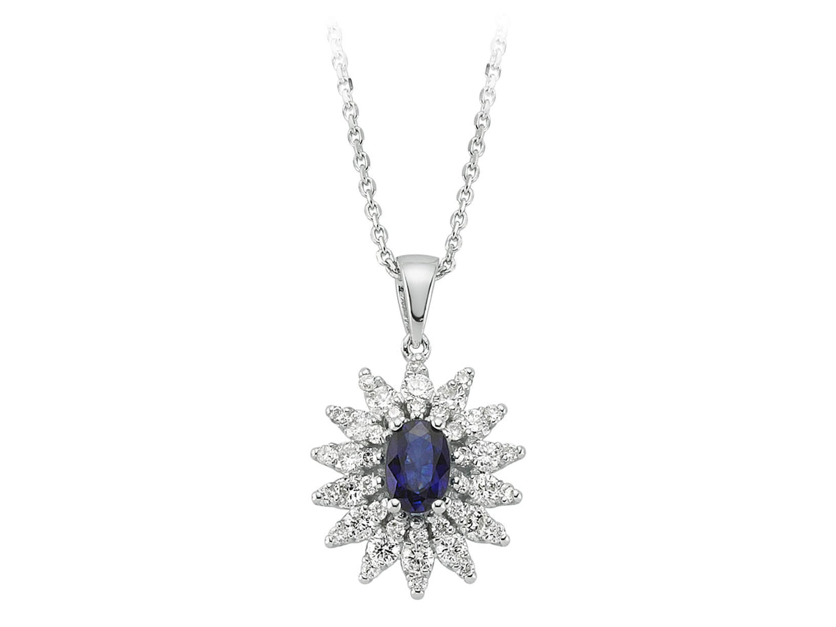 Anturage-Anhänger mit ovalem Saphir & 42 laborgezüchteten Diamanten | 14K Weißgold - hochwertiger Schmuck von Rosy Lab Diamonds
