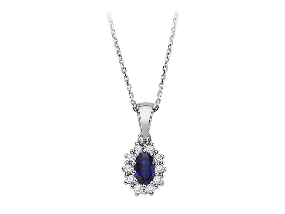 Oval sapphire with 10 lab diamonds – Anturaj pendant made of 8K white gold