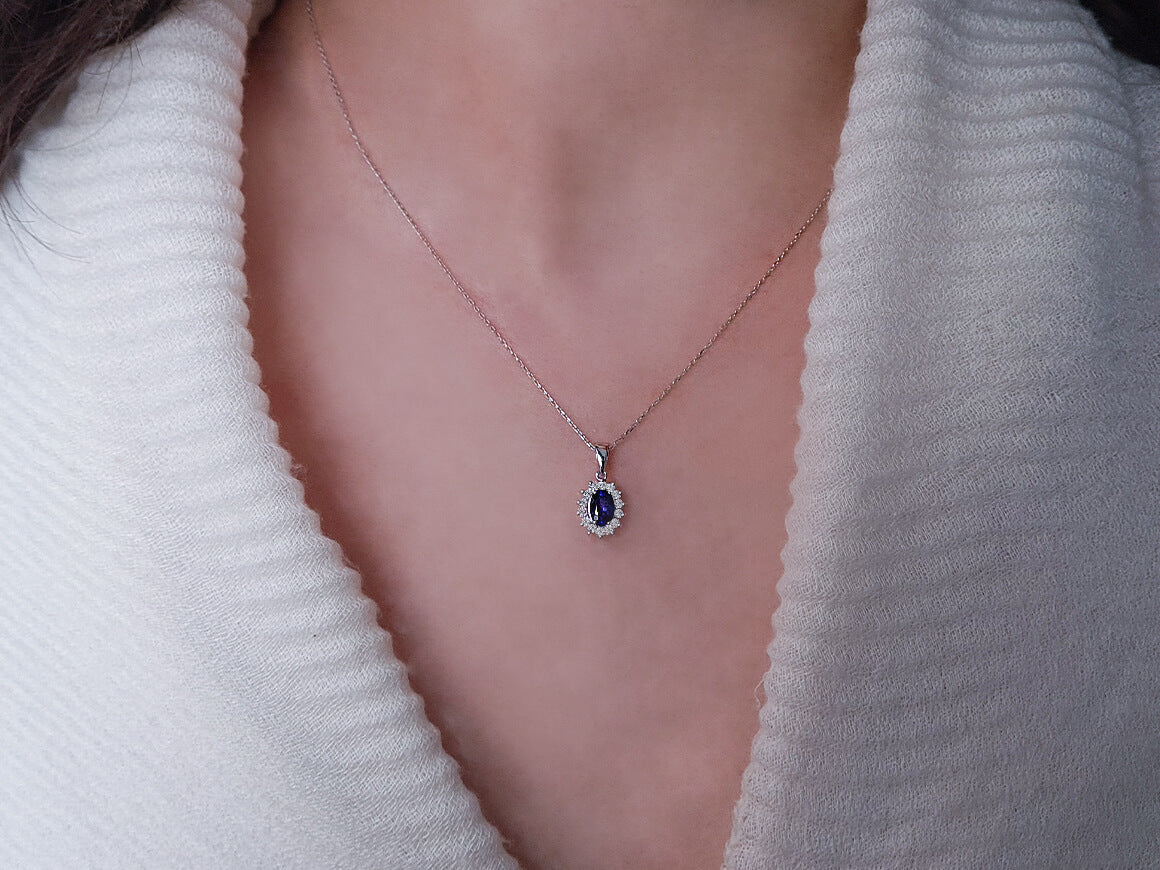 Anturage Pendant with Oval Sapphire & Diamonds in 14K White Gold - High-Quality Jewelry by Rosy Lab Diamonds