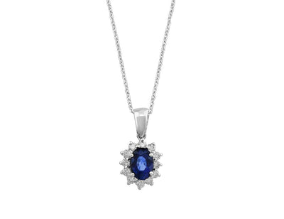 Anturaj necklace with oval sapphire (0.99 ct) & diamonds – 14K white gold