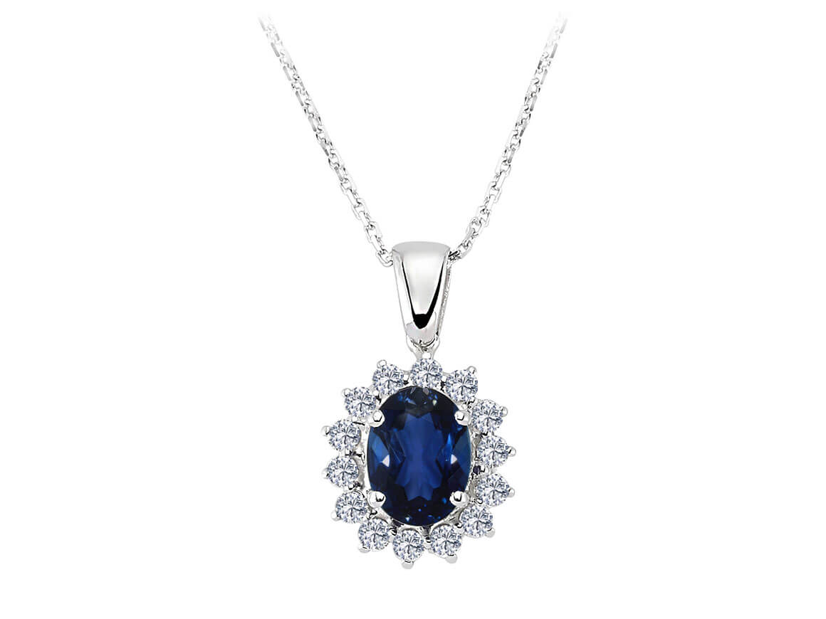 Oval sapphire pendant with 14 diamonds – 1.65 ct total | 14K white gold