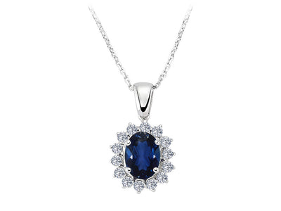 Oval sapphire pendant with 14 diamonds – 1.65 ct total | 14K white gold