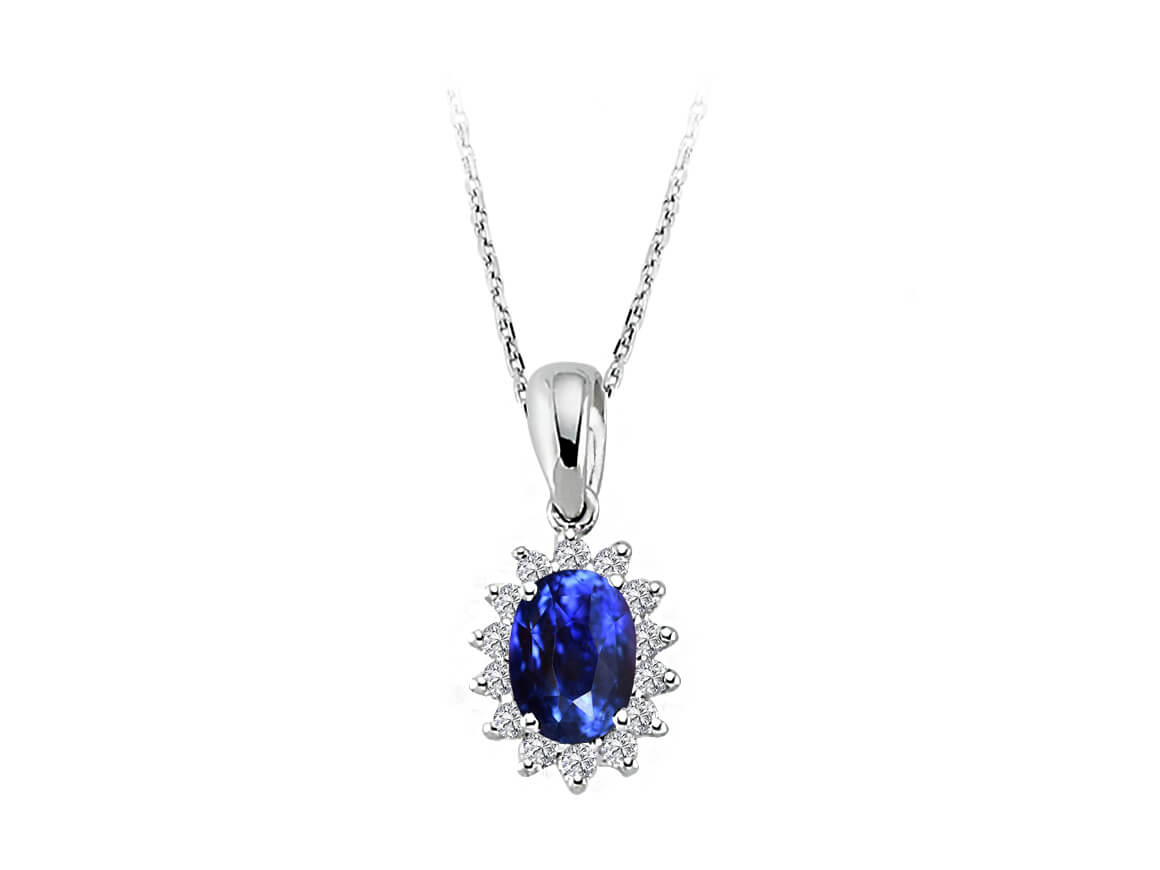 Anturaj pendant with oval sapphire and diamonds – 14K white gold
