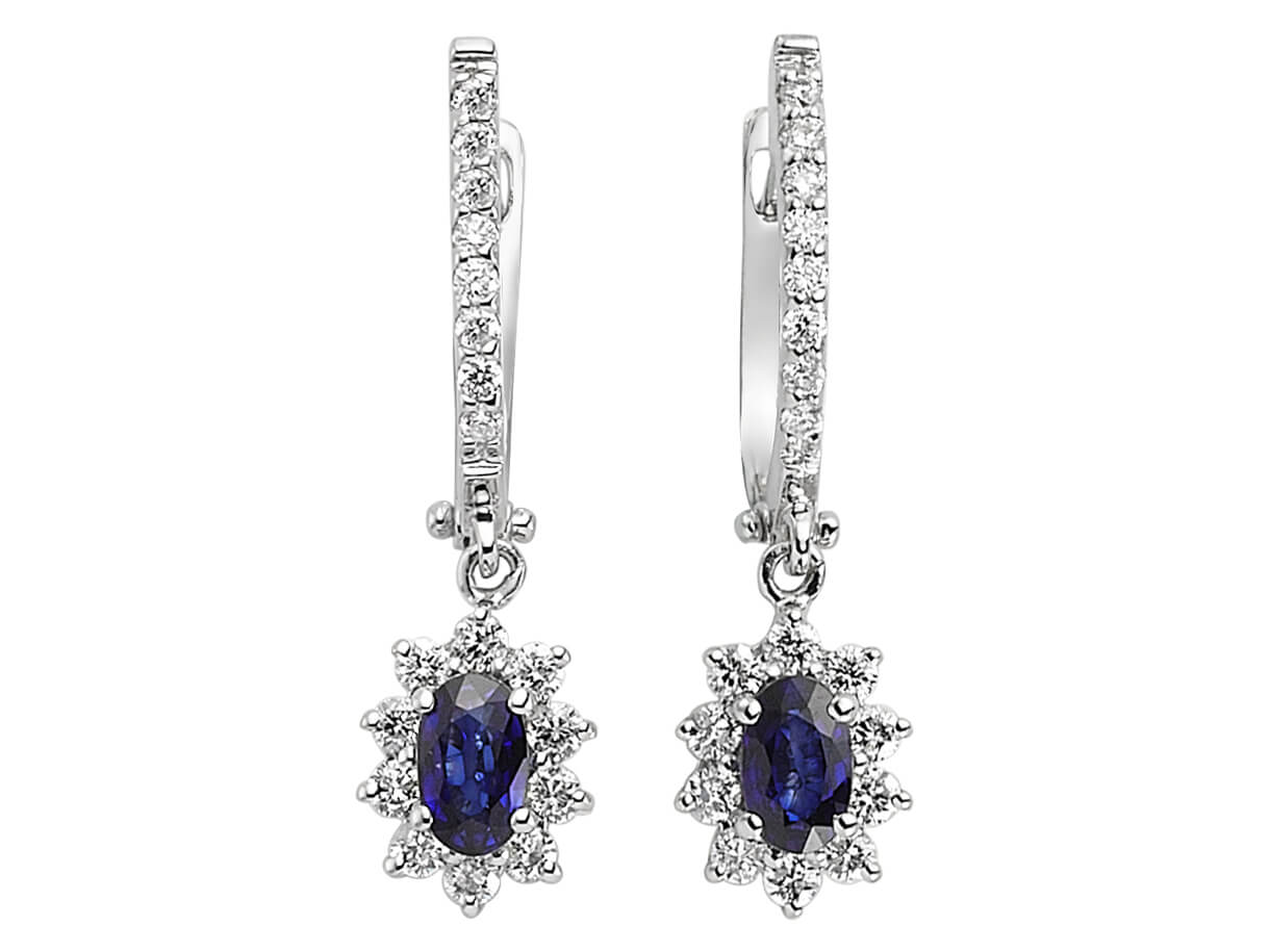 Boucles d'oreilles Anturaj avec saphirs ovales et diamants en or blanc 14 carats