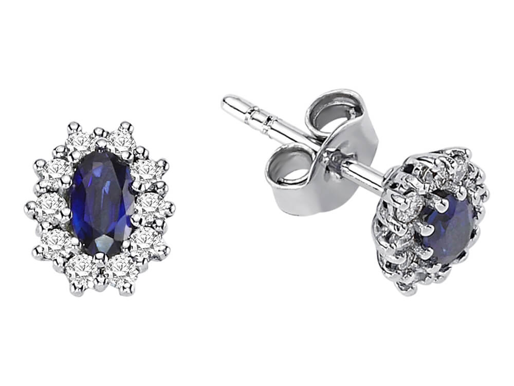 Oval Sapphire entourage earrings with diamonds in 8K White Gold - high-quality Jewelry by Rosy Lab Diamonds