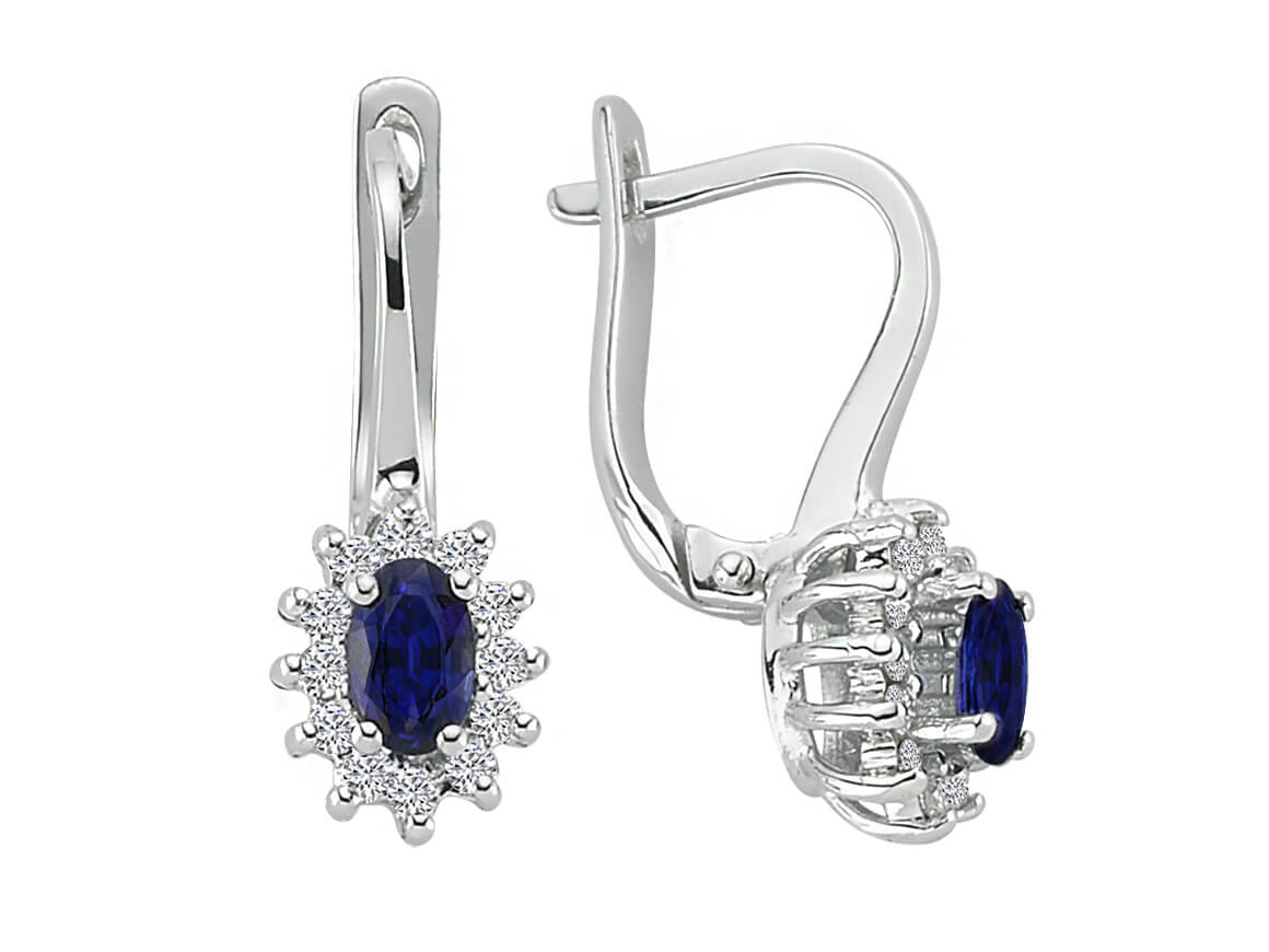 Fine Anturaj Earrings with Oval Sapphires and 24 Brilliant-Cut Diamonds in 8K White Gold