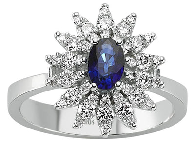 Anturaj-Ring aus 14K Weißgold mit ovalem Saphir und 42 Diamanten – 04R0239