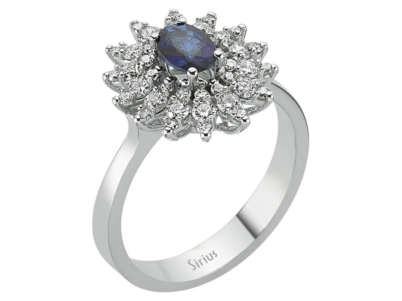 Anturaj-Ring aus 14K Weißgold mit ovalem Saphir und 42 Diamanten – 04R0239