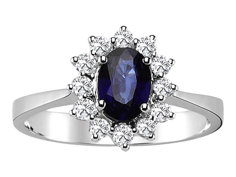 Weißgold-Ring mit 12 laborgezüchteten Diamanten und einem ovalen Saphir