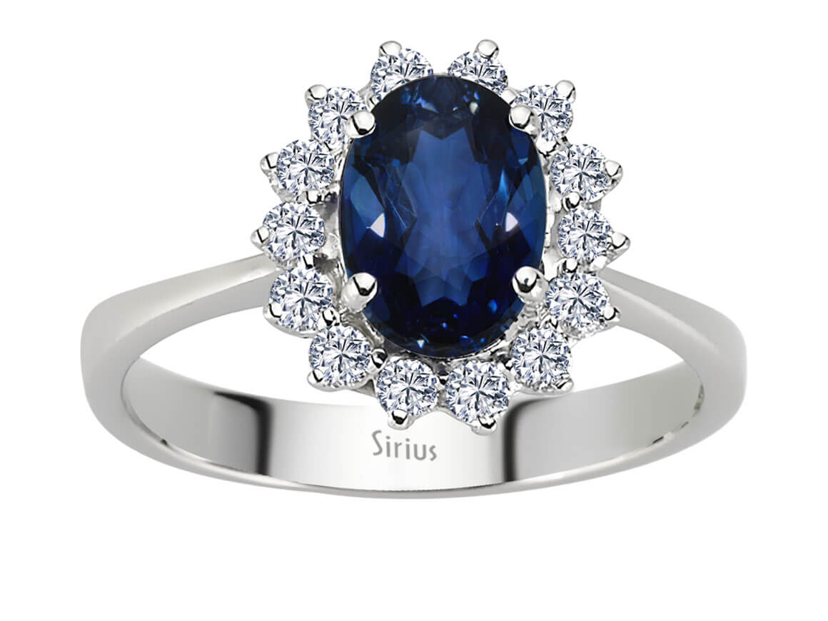 Anturaj-Ring mit 14 Diamanten & ovalem Saphir aus 14 Karat Weißgold - hochwertiger Schmuck von Rosy Lab Diamonds