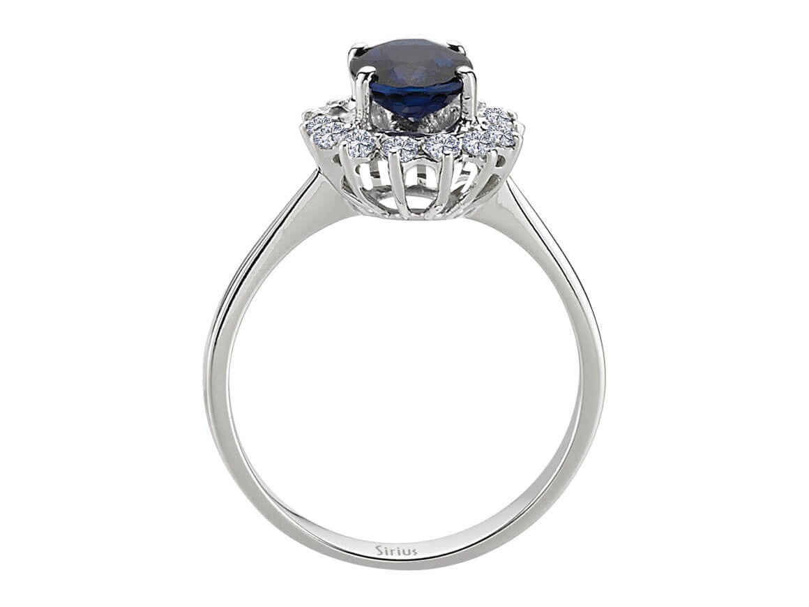 Anturaj-Ring mit 14 Diamanten & ovalem Saphir aus 14 Karat Weißgold - hochwertiger Schmuck von Rosy Lab Diamonds