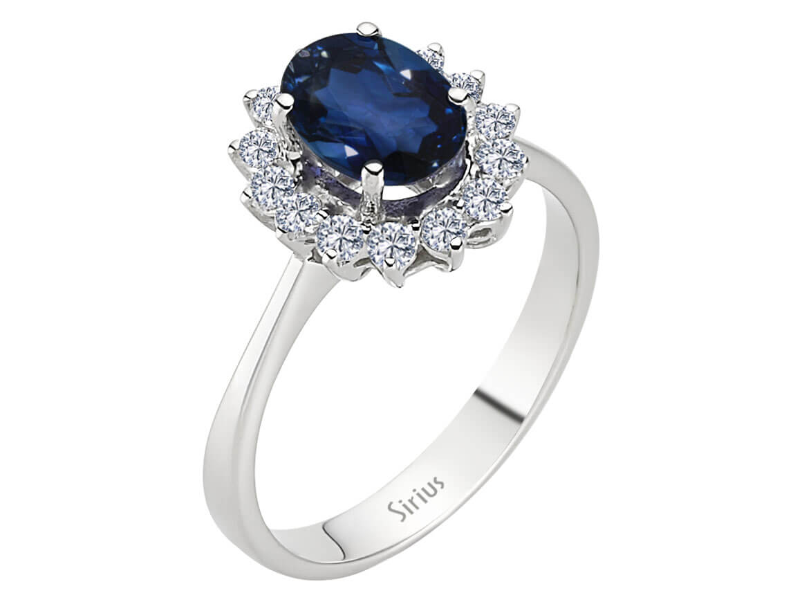 Anturaj-Ring mit 14 Diamanten & ovalem Saphir aus 14 Karat Weißgold - hochwertiger Schmuck von Rosy Lab Diamonds