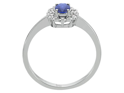 Weißgoldring mit Ovalem Saphir und Blüten-Anturage aus Labordiamanten