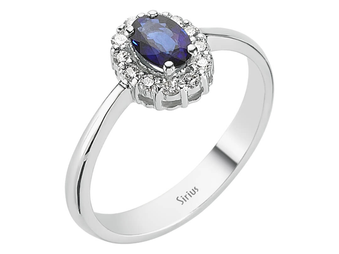 Anturage-Ring aus 14K Weißgold mit ovalem Saphir und Diamanten – 17R0126