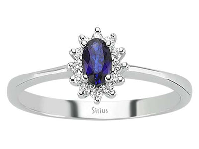 Zarter Anturage-Ring aus 8K Weißgold mit ovalem Saphir und Labor-Diamanten – 0,42 ct