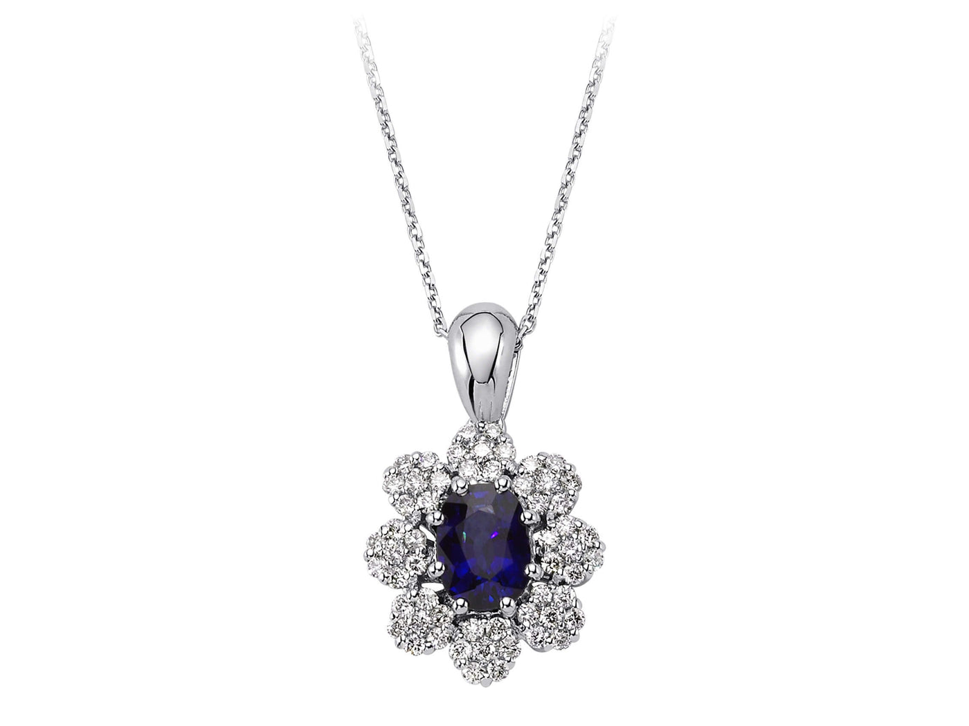 Flower pendant with oval sapphire and 56 diamonds – 14K white gold