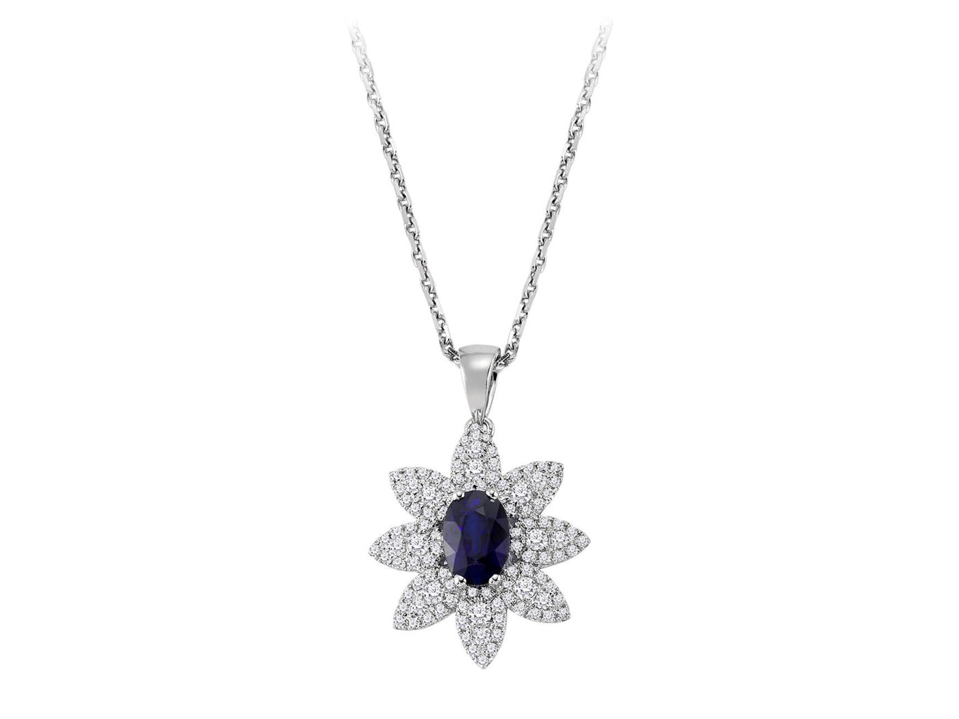 Pendentif floral avec saphir ovale et 104 diamants de laboratoire | Or Blanc 14 carats - Bijoux haut de gamme de Rosy Lab Diamonds
