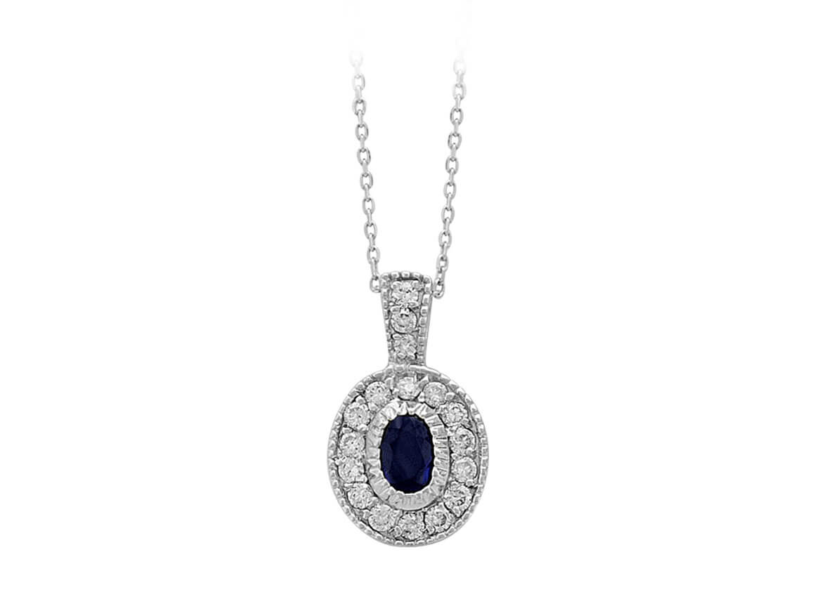 Pendant with oval sapphire and 17 round lab diamonds made of 14K gold