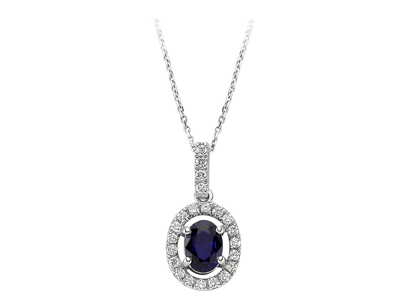 Oval sapphire pendant with diamond halo – 14K white gold
