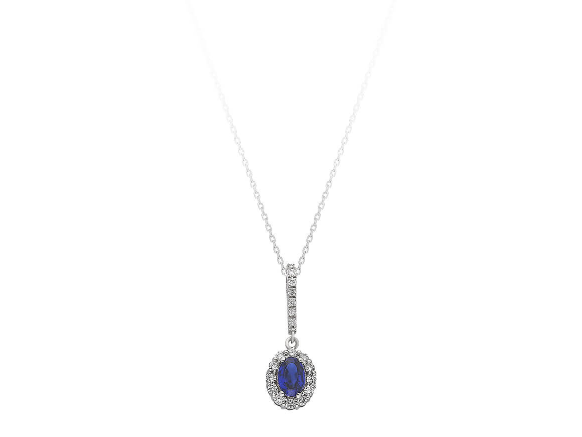 Exquisite necklace with oval sapphire (0.55 ct) & diamonds – 14K white gold