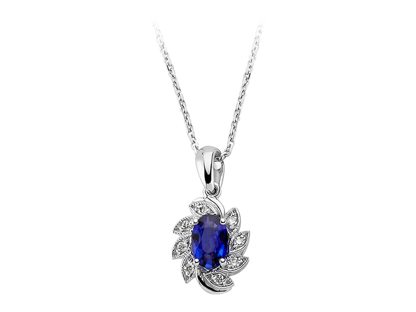 Elegant pendant with oval sapphire and 8 diamonds – 8K white gold