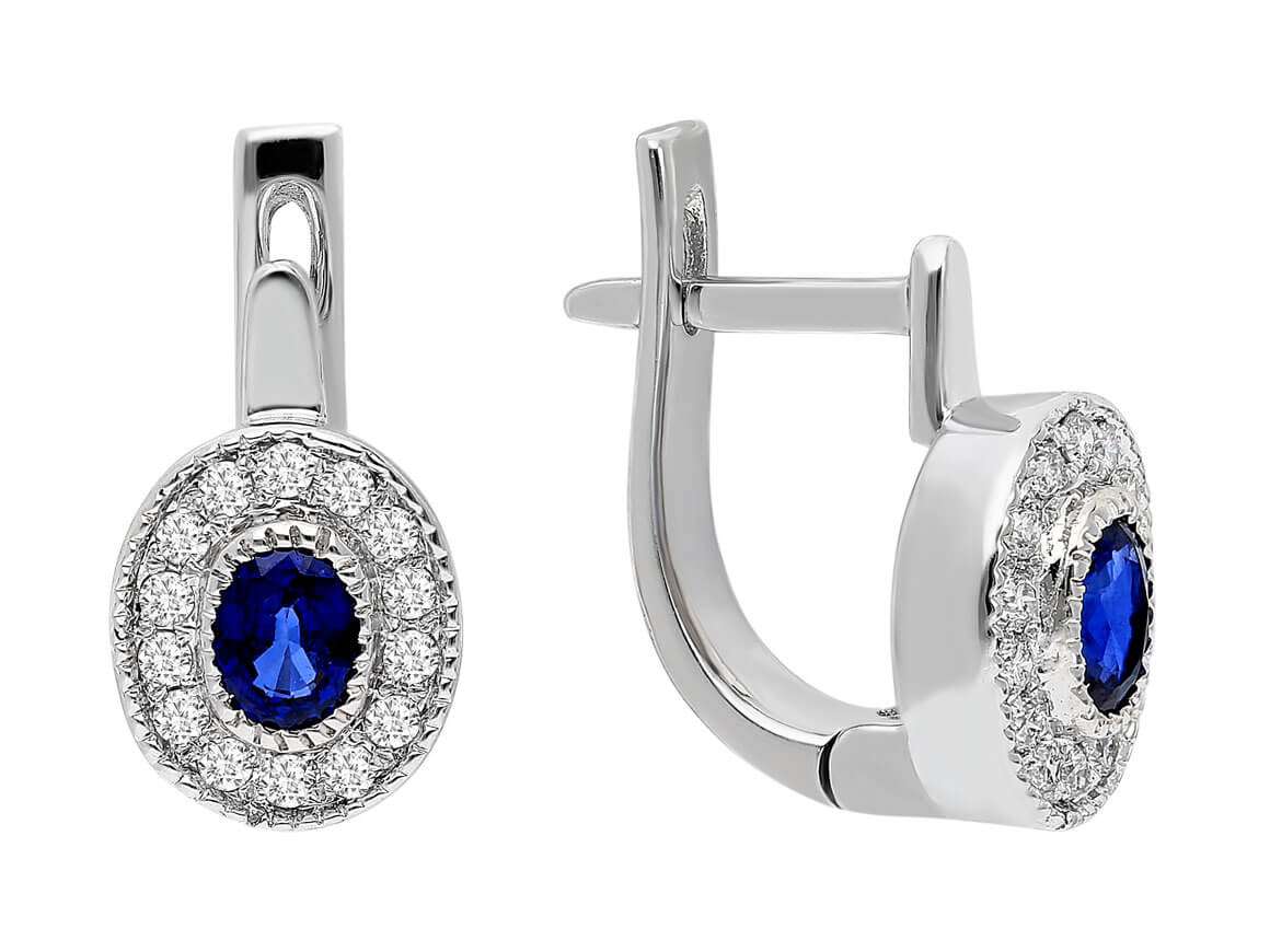 Oval safirler ve elmaslı 585 ayar Beyaz Altın Pimli Küpe | 07E0005 - Rosy Lab Diamonds'tan yüksek kaliteli Mücevher
