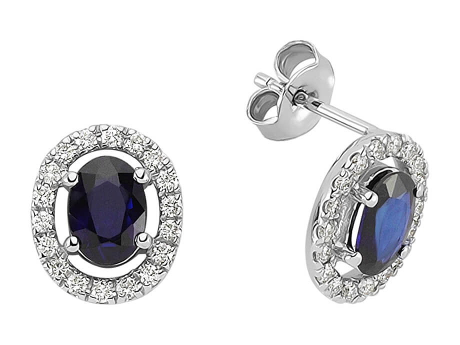 Oval halo stud earrings with sapphires & lab diamonds in 585 white gold