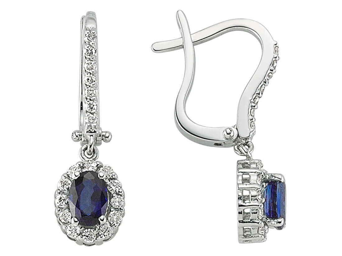 Oval Safir ve Pırlanta Sallantılı Küpe, 14K Beyaz Altın | Zarif Kadın Küpesi - Rosy Lab Diamonds’tan yüksek kaliteli Mücevher