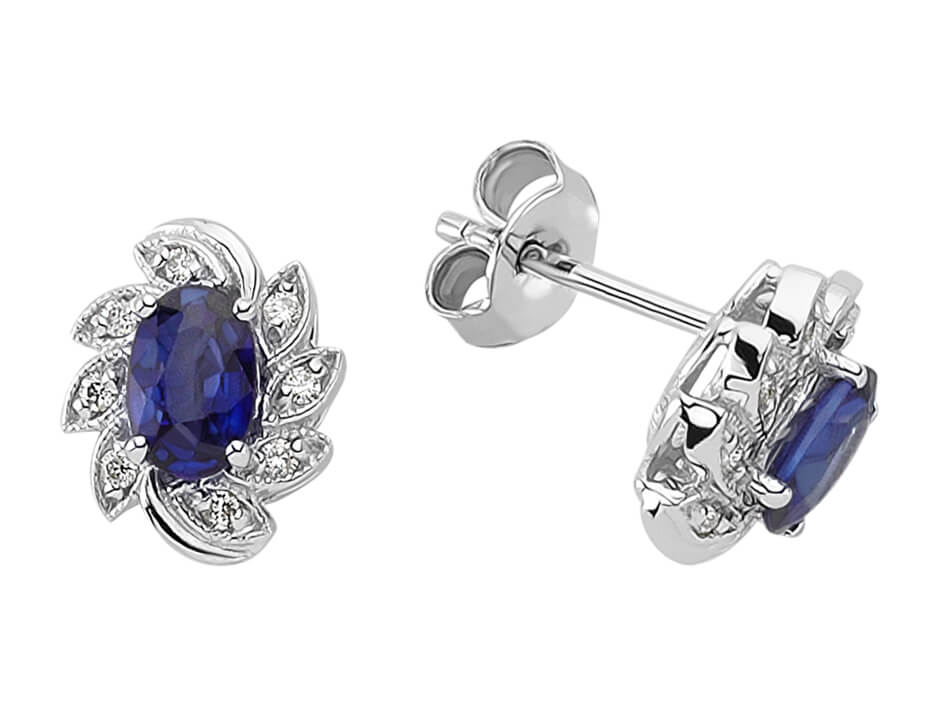 Flower-shaped stud earrings with oval sapphires & lab diamonds in 333 white gold
