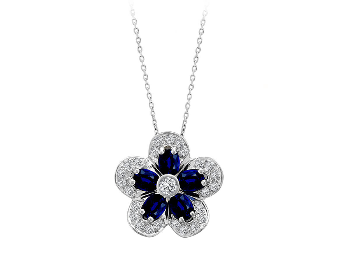 Pendentif fleur avec 5 saphirs ovales et 26 diamants de laboratoire en or blanc 14K