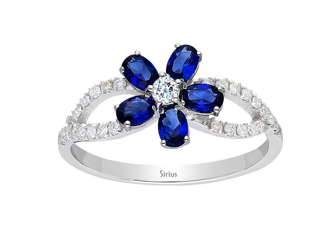 Elegant ring with diamonds and oval sapphires - 0.06 ct + 0.17 ct + 0.79 ct - 8-karat gold - high-quality Jewelry by Rosy Lab Diamonds