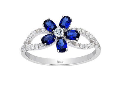 Eleganter Ring mit 1 rund geschliffenem Diamanten, 26 rund geschliffenen Diamanten und 5 ovalen Saphiren