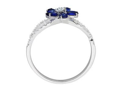 Eleganter Ring mit 1 rund geschliffenem Diamanten, 26 rund geschliffenen Diamanten und 5 ovalen Saphiren