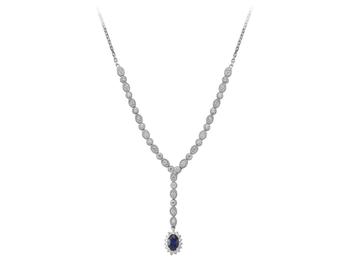 Collier saphir avec saphir ovale 0,47 ct et diamants 0,55 ct en or blanc 14K