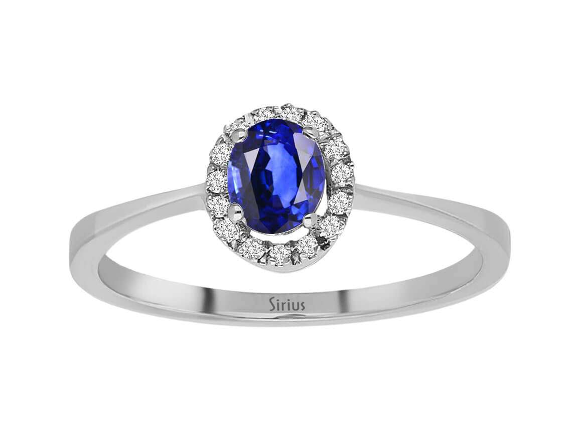 14K Weißgold Ring mit 15 runden laborgezüchteten Diamanten – 0,05 Karat & 1 ovalem Saphir – 0,40 Karat
