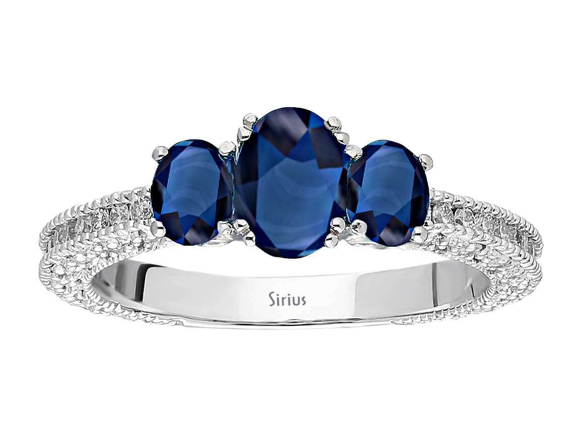 Elegant ring with three oval sapphires and 66 lab-grown diamonds in 14-karat White Gold—high-quality Jewelry from Rosy Lab Diamonds