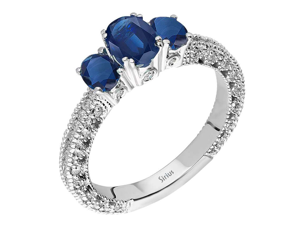 Elegant ring with three oval sapphires and 66 lab-grown diamonds in 14-karat White Gold—high-quality Jewelry from Rosy Lab Diamonds