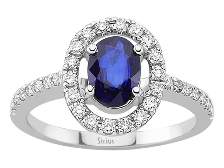 Bague en saphir ovale avec diamants brillants - Or Blanc 14 carats - Élégant style halo - Bijoux haut de gamme de Rosy Lab Diamonds