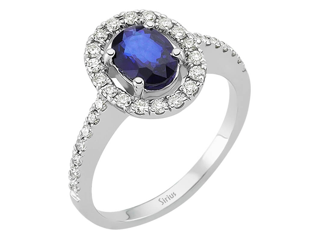 Bague en saphir ovale avec diamants brillants - Or Blanc 14 carats - Élégant style halo - Bijoux haut de gamme de Rosy Lab Diamonds