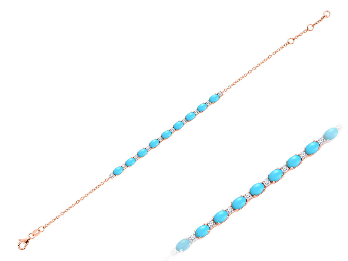 Schnurarmband mit 9 ovalen Türkisen & 10 lab-grown Diamanten in 14K Roségold