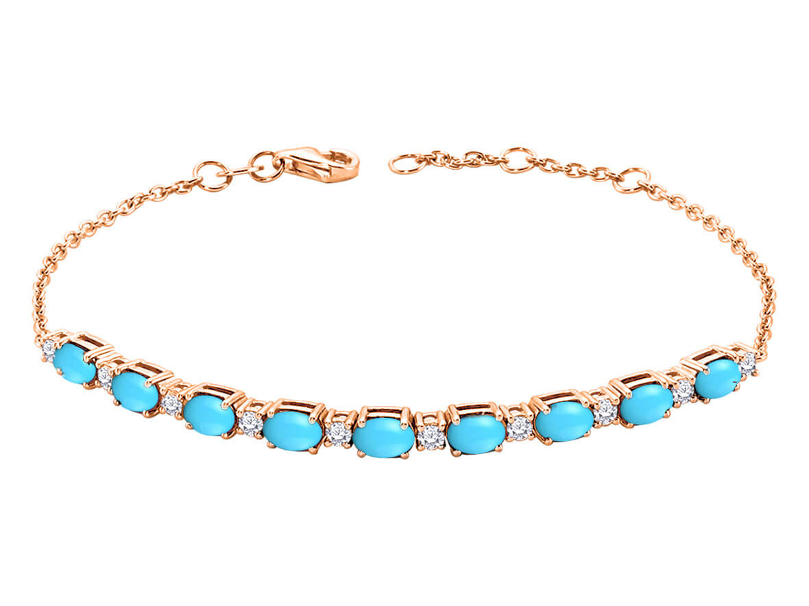 Schnurarmband mit 9 ovalen Türkisen & 10 lab-grown Diamanten in 14K Roségold