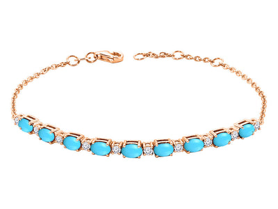 Schnurarmband mit 9 ovalen Türkisen & 10 lab-grown Diamanten in 14K Roségold