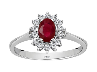 Eleganter Ring mit 14 rund geschliffenen Labor-Diamanten und 0,62 Karat ovalem Rubin