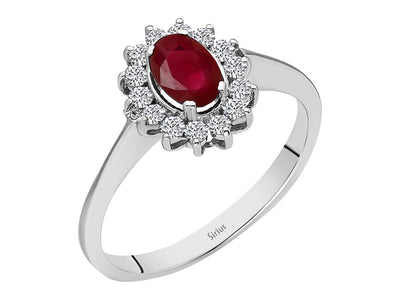 Eleganter Ring mit 14 rund geschliffenen Labor-Diamanten und 0,62 Karat ovalem Rubin