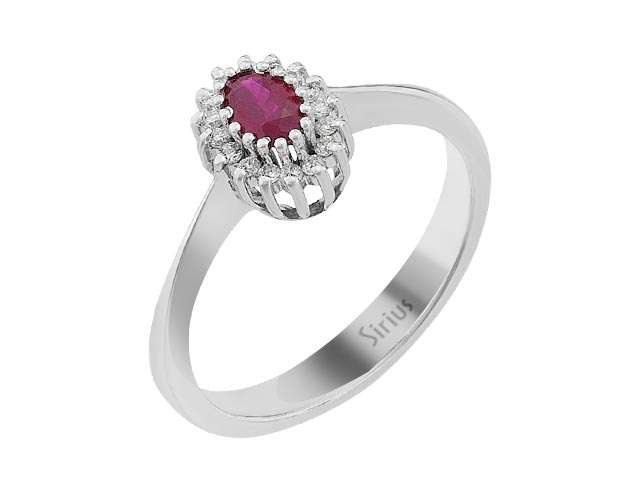 14K Weißgold Ring mit 16 laborgezüchteten Diamanten und 1 ovalem Rubin
