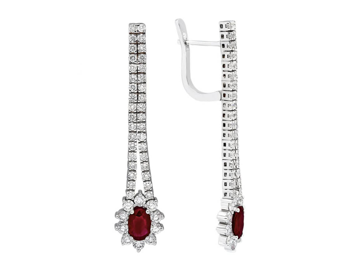 Exclusive ruby and diamond oval cut earrings in 14K white gold