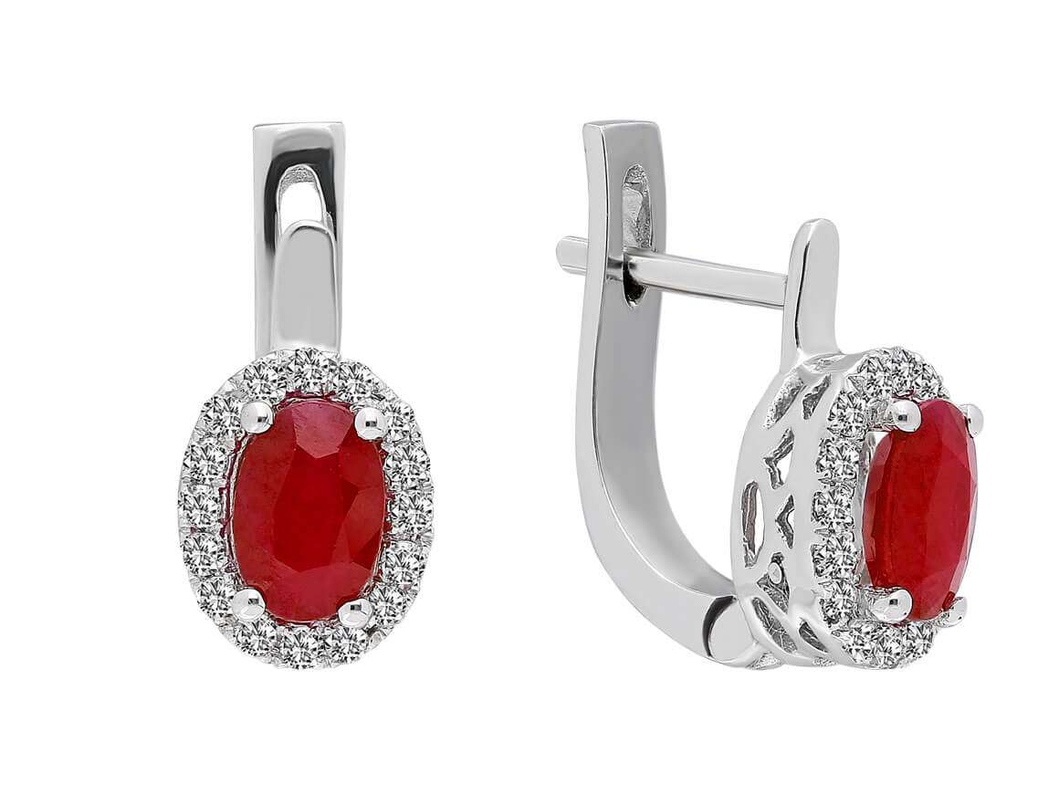 Boucles d'oreilles élégantes avec rubis ovales et diamants en or blanc 585