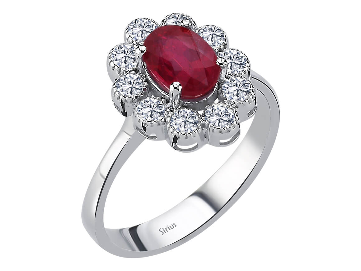 Flower ring with 1.00 ct oval ruby & 10 lab diamonds – 14K white gold