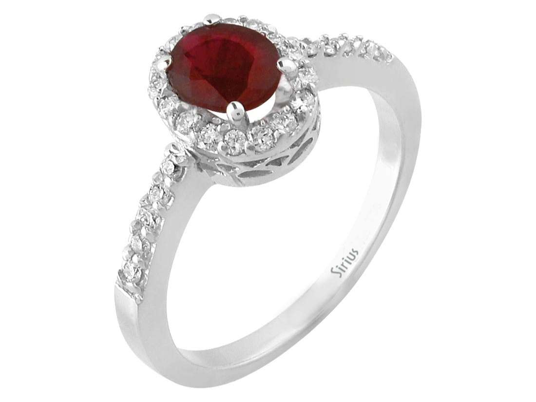 Eleganter Ring mit ovalem Rubin und 26 laborgezüchteten Diamanten in 14 Karat Weißgold - hochwertiger Schmuck von Rosy Lab Diamonds