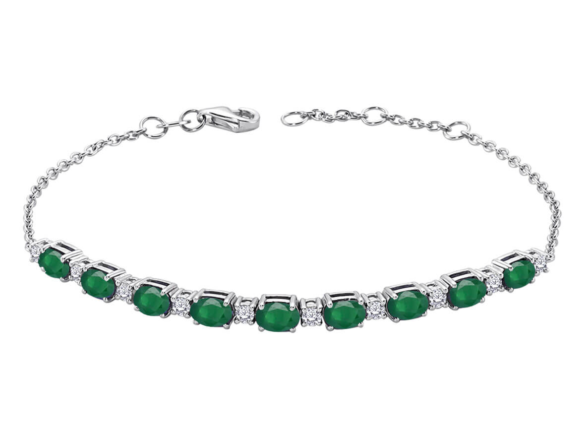 Cord bracelet with 9 oval emeralds & 10 lab-grown diamonds in 14K white gold